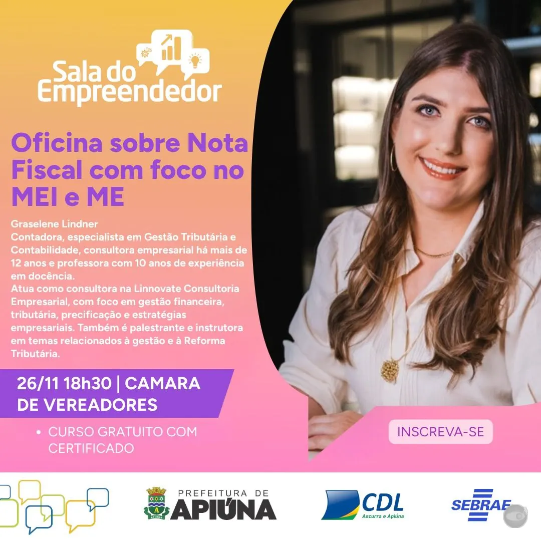 Apiúna recebe oficina gratuita sobre emissão de notas fiscais para MEI e ME