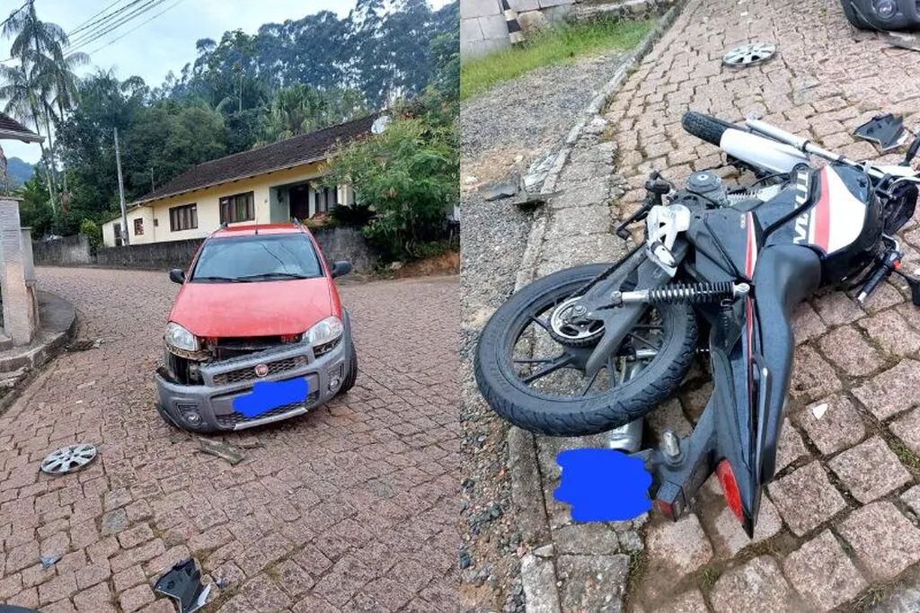 Acidente entre carro e moto no Centro de Rodeio mobiliza bombeiros e PM