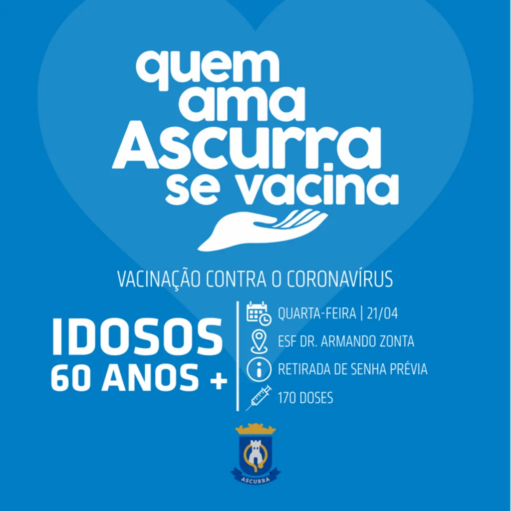 Ascurra inicia a vacinação contra a Covid-19, em idosos com 60 anos, na próxima quarta-feira